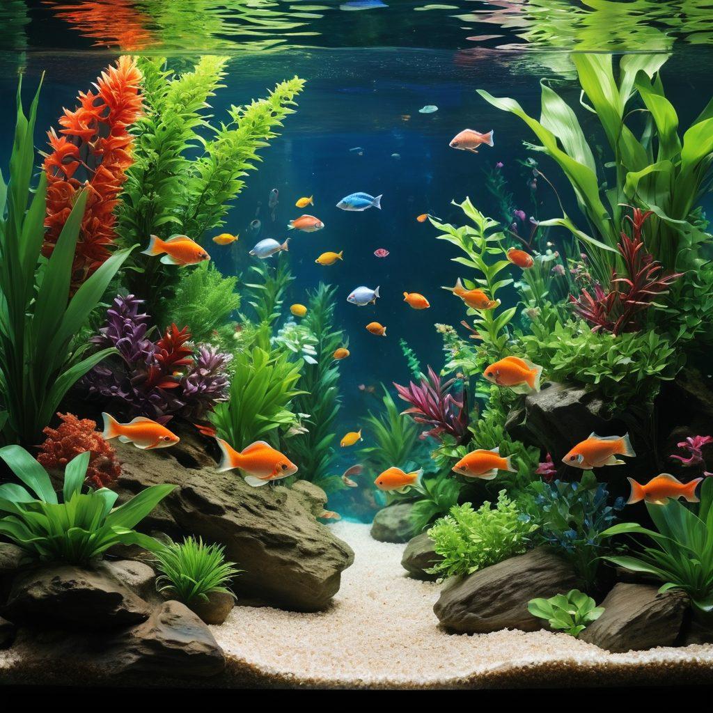 A vibrant aquarium scene with a variety of fish swimming around lush plants, showing both simple beginner setups and intricate designs, including decorative rocks and features. A split-screen effect displays a beginner's tank on one side and an advanced enthusiast's tank on the other, highlighting design elements and maintenance tools. Bright colors, sparkling water, and clear details of fish and flora. super-realistic. vibrant colors. 3D.