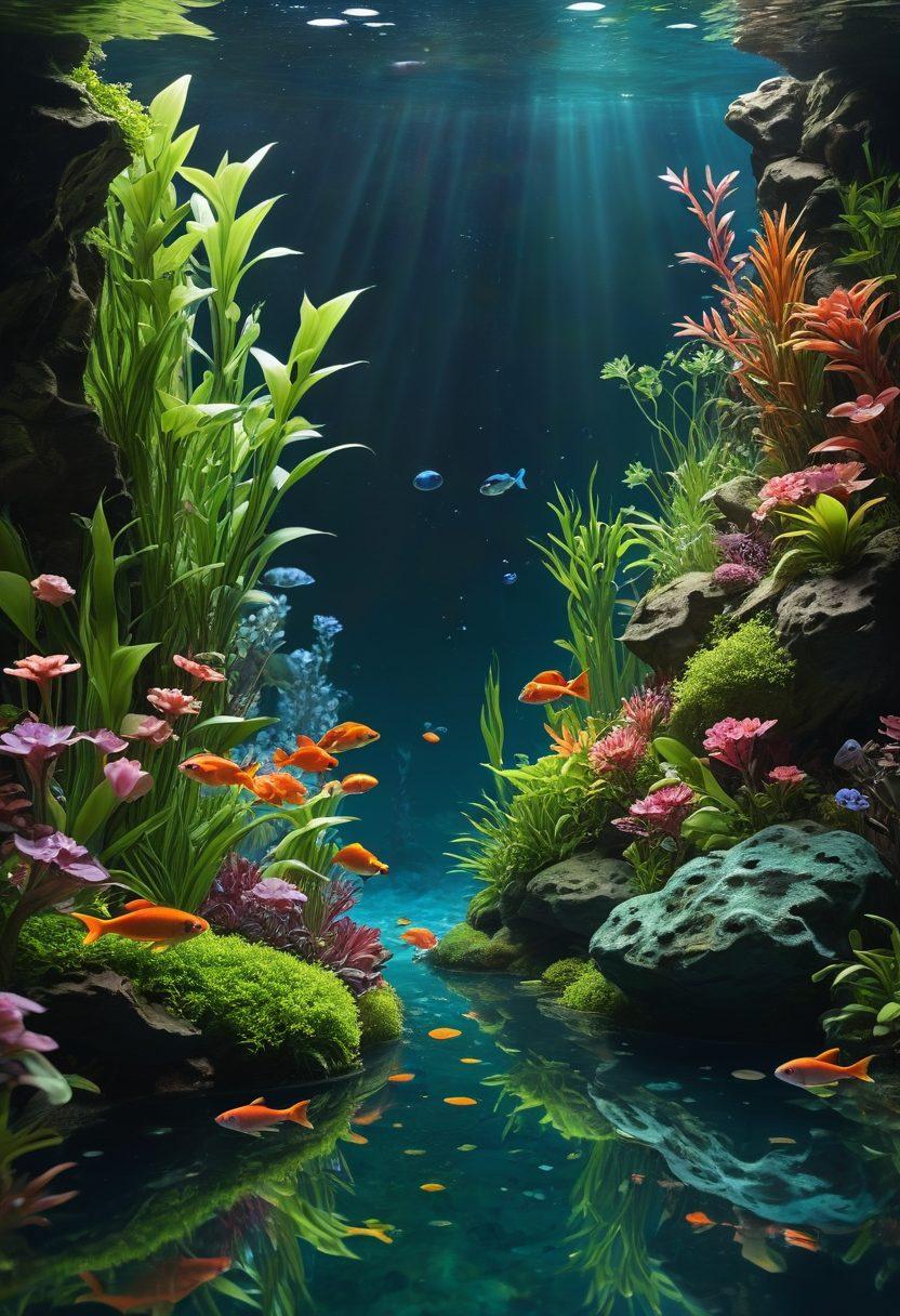A stunning aquarium filled with vibrant aquatic plants, colorful fish, and intricate rock formations, showcasing a balanced ecosystem. Include bubbles rising to the surface and a gentle light illuminating the water, creating a serene atmosphere. The foreground features a small diver figurine tending to the plants. super-realistic. vibrant colors. 3D.